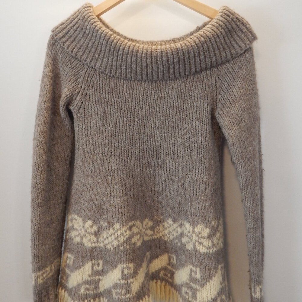 Free People Women Medium Tan Brown Off Shoulder Wool Blend Fringe Bottom Sweater